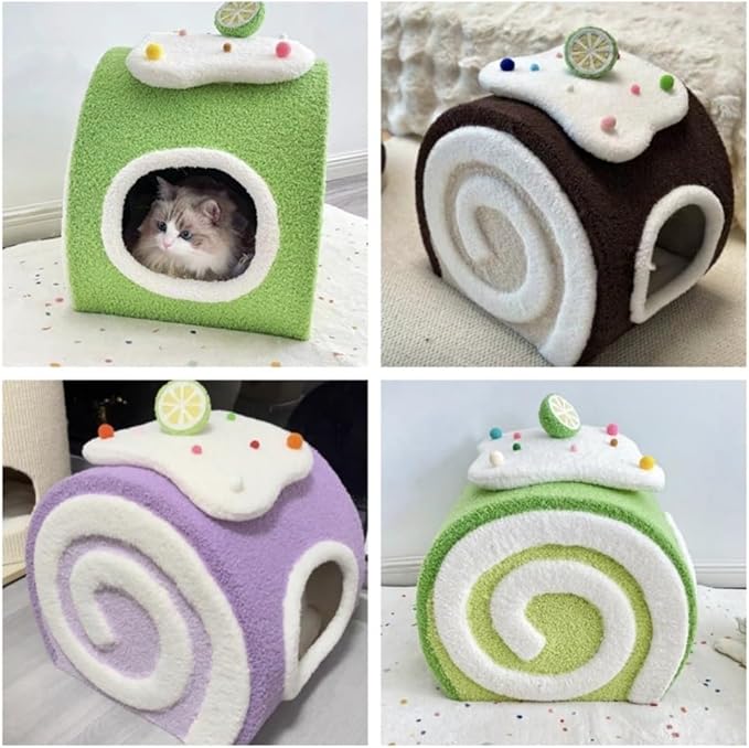 Creative Cat Cave Bed, Lovely Cake Roll Cats House for Indoor Cats, Small Pet Bed, Cute Cat Furniture for All Seasons, No Assembly Needed(Purple)