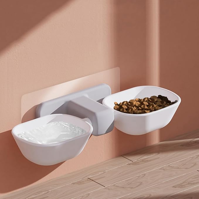 PRETYZOOM Wall-Mounted Cat Double Feeding Bowl with Waterer, White Pet Food Container and Feeder Bowl for Indoor Cats, Space-Saving Dual Dish for Feeding and Watering Pets