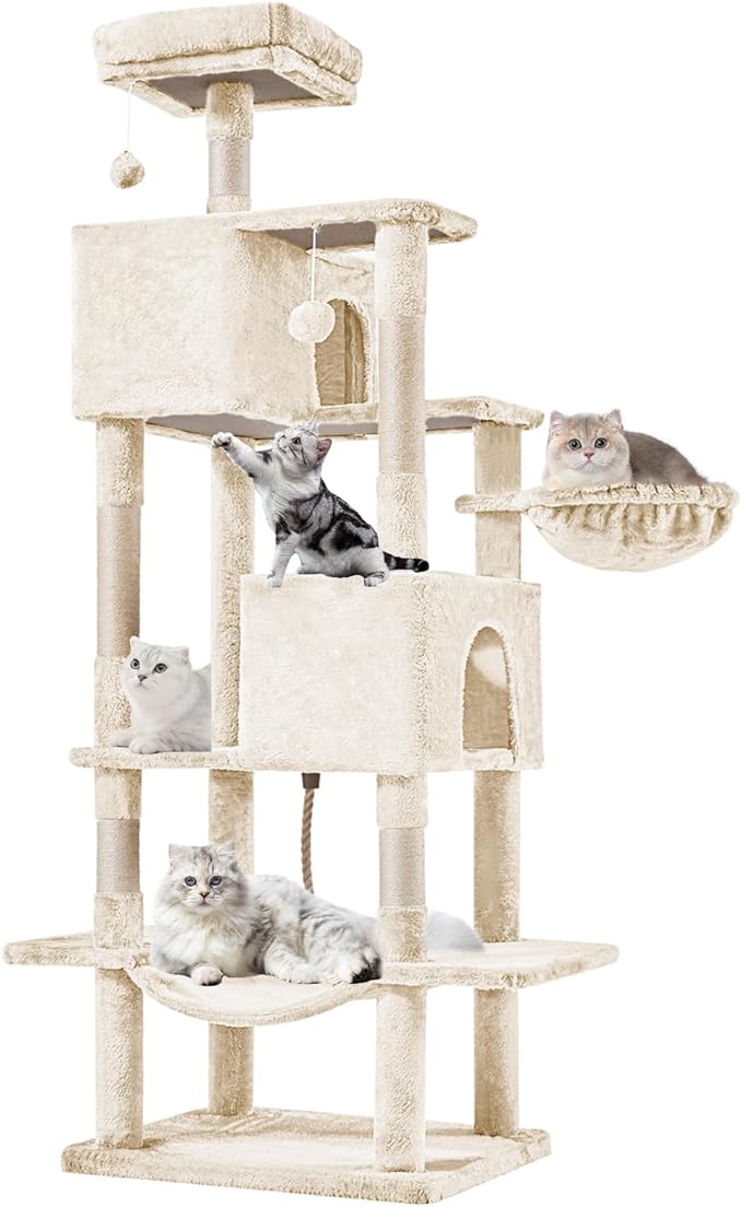 Large Cat Tree 66 Inch, Multi-Level Tall Cat Tree Tower with Condo, Perches, Sisal Scratching Posts and Hammock, Pet Play House with Dangling Balls for Indoor Cats, Beige