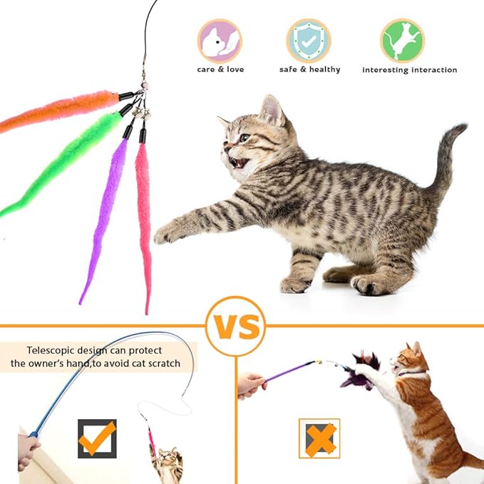 Retractable Cat Wand - Interactive 3-Section Teaser Toy, Fishing Pole Exerciser for Cats and Kittens (Replacement Not Included)