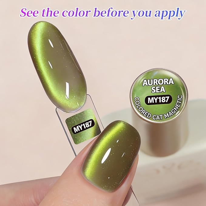 Born Pretty 15ML Spring Summer Cat Magnetic Eye Gel Nail Polish Set, 6 Colors Green Sea Blue Purple Bright Pink Burgundy Glitter Auroras Magnetic Gel Polish Jellyfish Effect 0.5 Fl.Oz