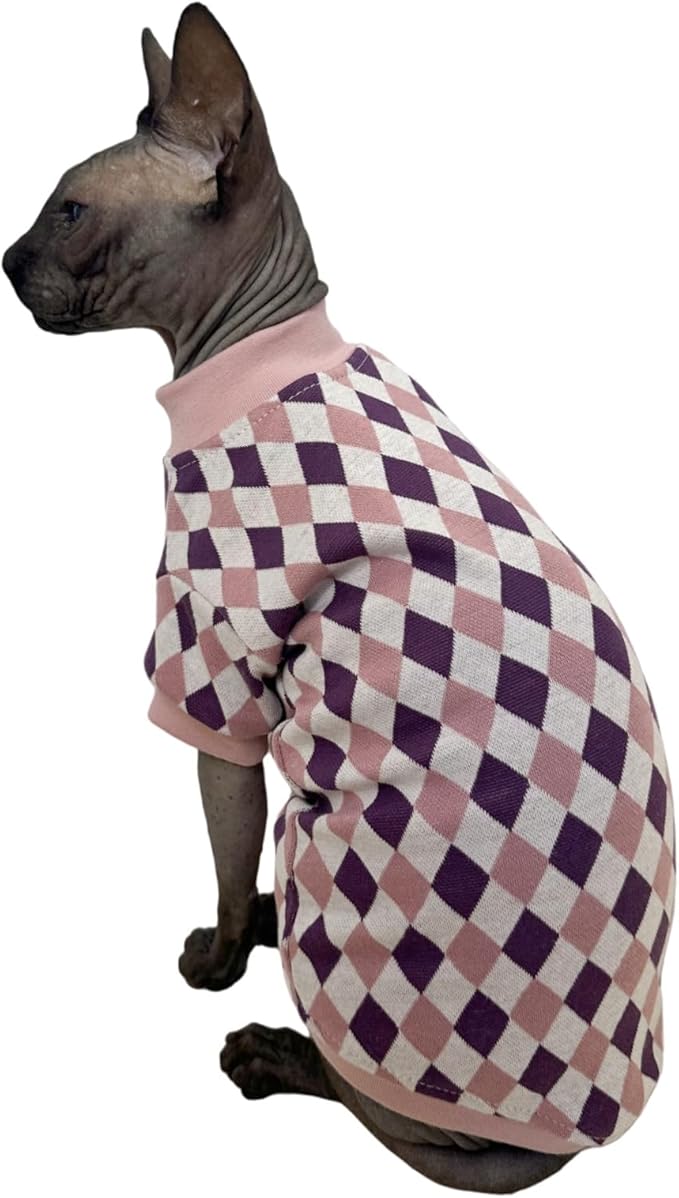Vintage Mulan Cotton Sphynx Hairless Cats Shirt Cat Turtleneck Pet Clothes Kitten T-Shirts with Sleeves for Sphynx Cornish Rex, Devon Rex, Peterbald (Rhombus Pink, Medium)