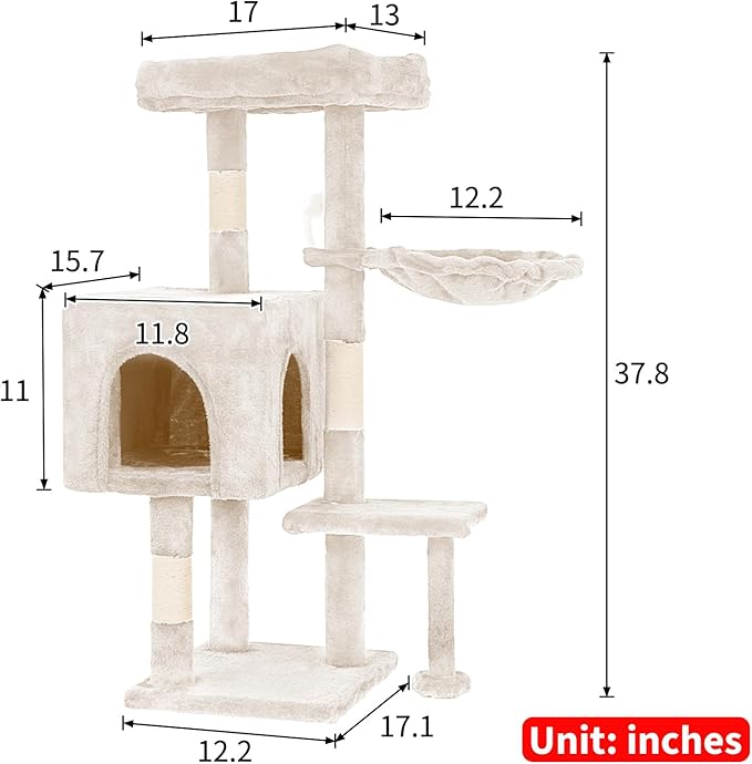 FDW 37.8 inch Cat Tree Cat Tower for Indoor Cats with Scratching Posts,Multi-Level Cat Furniture Activity Center Stand House Cat Condo Modern Cat Tower with Hanging Cradle & Funny Toy,Beige