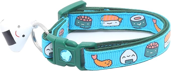 Sushi Cat Collar with Onigiri Bell | Adjustable Large Size or Kitten Collar | Safety Breakaway Collar (Small(10lbs & Less), Blue)