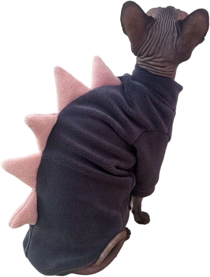 Dinosaur Sphynx Cat Clothes, Soft Polar Fleece Sweater for Cat, Elastic Pet Clothes Thick Winter Warm Outfit for Hairless Cat, Devon, Cornish, Small Dogs Apparel with Sleeves (Grey, X-Large)