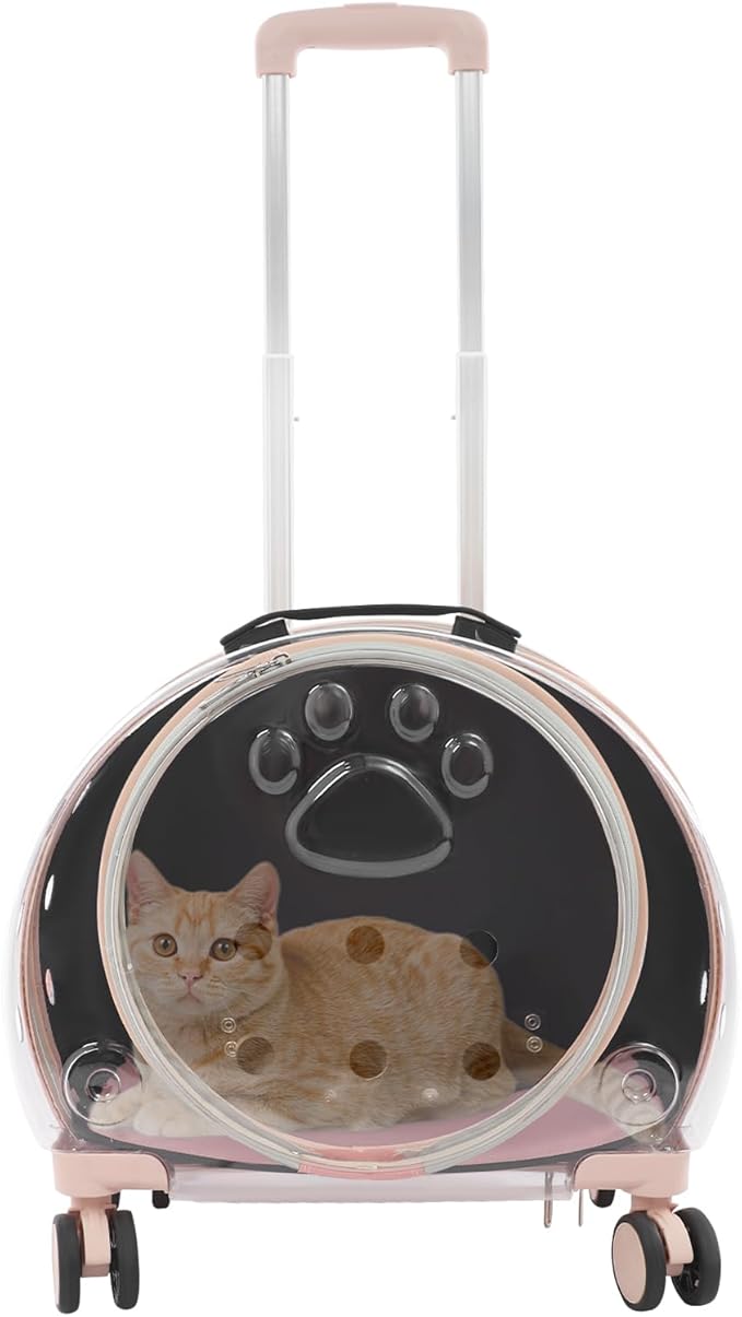 4-Wheel Rolling Cat Carrier, Hard Shell Pet Carrier with Ventilation Holes, Adjustable Handle Cat Travel Carrier, Lightweight Pet Stroller for Airplane, Car, Fits Pets up to 19.8lbs (Pink)