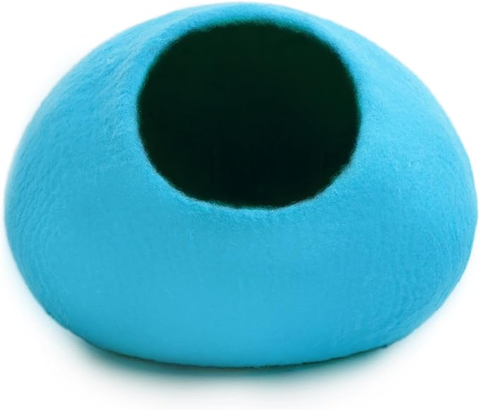 Woolygon Premium Felt Cat Cave Bed β Wool Kitty Beds Handcrafted Kitten Caves Bed for Indoor Cats - Made from Merino Wool, Foldable Cat Hideaway Covered Cat House Pod (Blue Plain)