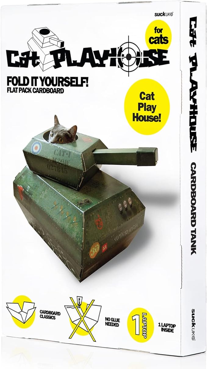 Suck UK | Tank Cat House | Cardboard Kitten Toys & Cat Bed | Interactive Cats Toy for Kittens & Cats | Novelty Kitten Accessories & Kitten Gifts | Indoor Toys or Outdoor House & Cave | Green