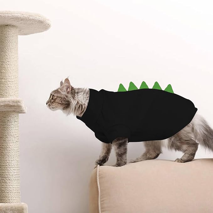 DENTRUN Sphynx Cat Clothes, Cute Dinosaur Design Hairless Cat Costume, Breathable Cotton Shirts Cat Clothes for Cats Only, Round Collar Kitten Daily T-Shirts with Sleeves, Cats Funny Cosplay Apparel