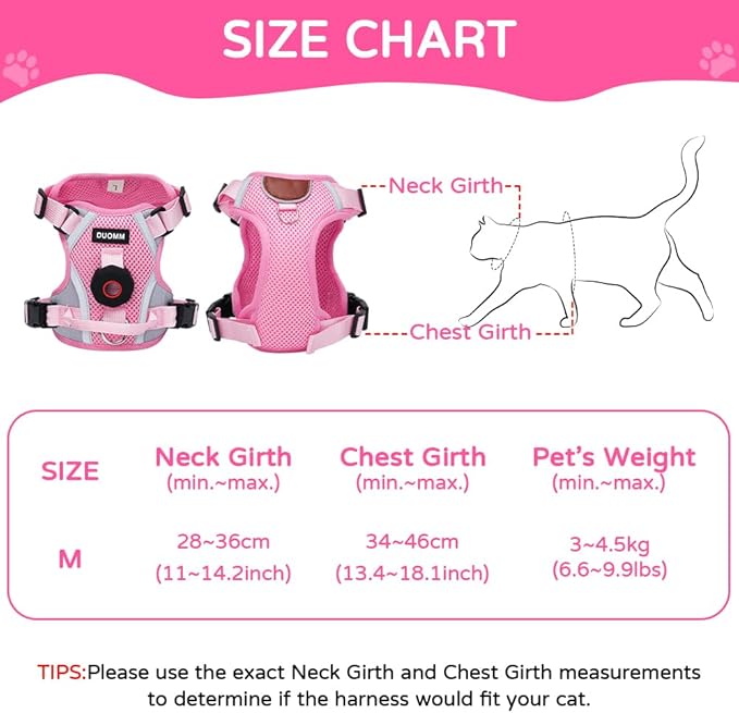 Cat Harness and Leash Set with Holder Compatible with AirTag, Upgraded Escape Proof Kitten Harness Lead for Large Adult Cats, Soft Mesh Jacket Vest for Walking, Reflective & Adjustable, Pink, M