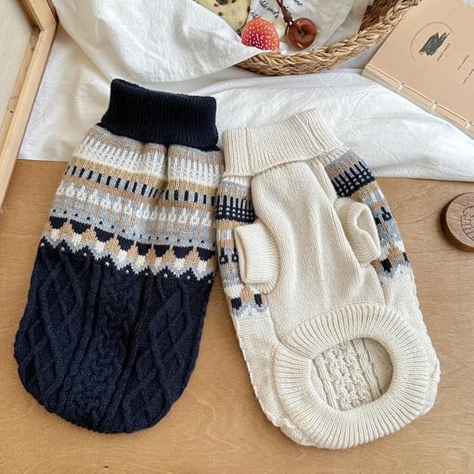 Knit Dog Sweater Turtleneck Cat Cold Weather Pullover Pet Vintage Cable Thick Warm Winter Clothes for X Small Dogs Cats Medium Pug Dachshund Yorkie (Navy, Small)