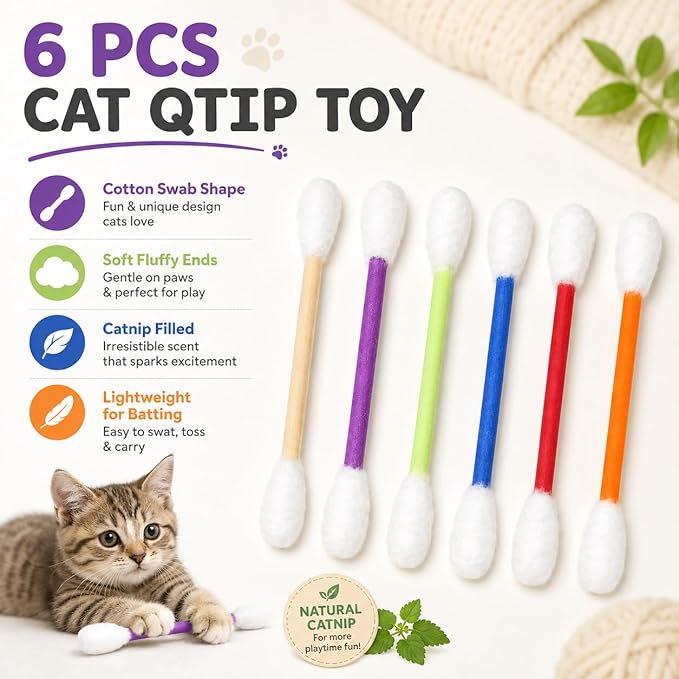 Cotton Swab Cat Toys with Catnip, 6 Pack Catnip Toys for Indoor Cats, Giant Kitty Kicker Plush Chew Sticks, Durable Felt Interactive Cat Toys for Kittens and Adult Cats (Colorful)