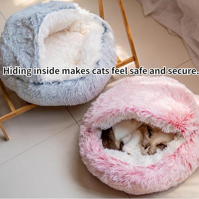 Cat Bed, Plush Hooded Cat Beds for Indoor Cats, Calming & Self Warming Cat Bed Cave, Cozy for Indoor Cat or Small Dog Bed, Removable & Washable with Non-Slip Bottom (Pink,Large)