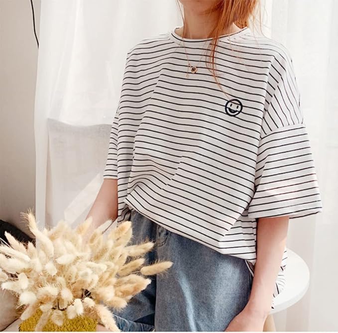 Matching Dog and Owner Clothes,White Striped Women Shirt Short Sleeve,Cotton Women Summer Shirt Crewneck,Casual Summer Tops Loose Fit(Owner M)