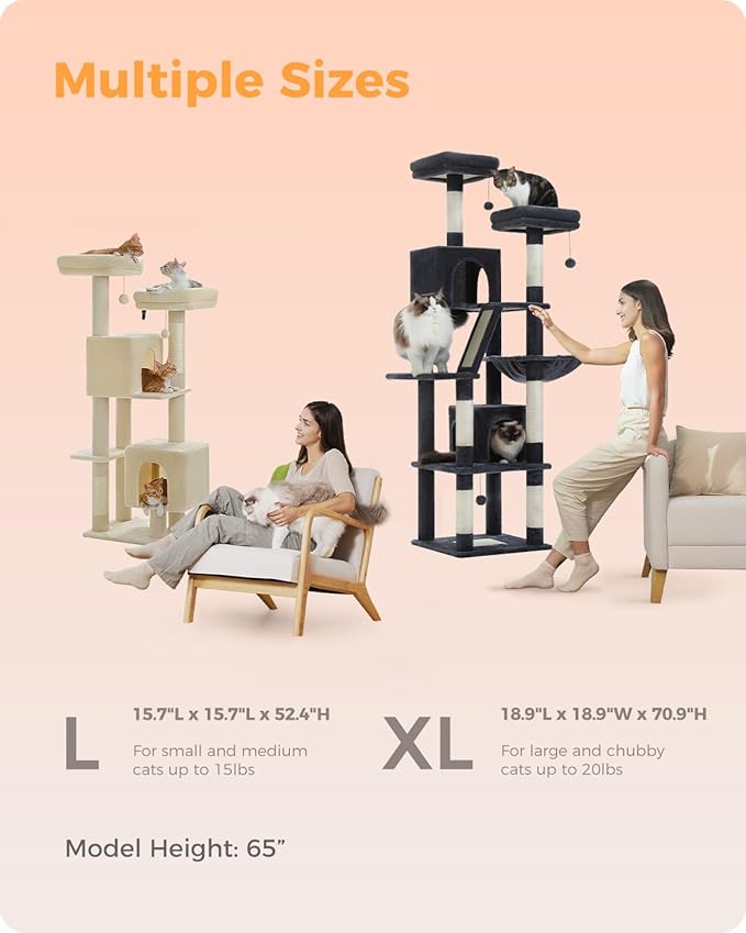 MUTTROS Cat Tree, 52.4" Multilevel Cat Tower for Indoor Cats, Plush Cat Tree House with 2 Padded Perches, 2 Condos & 2 Scratching Posts, Dark Gray