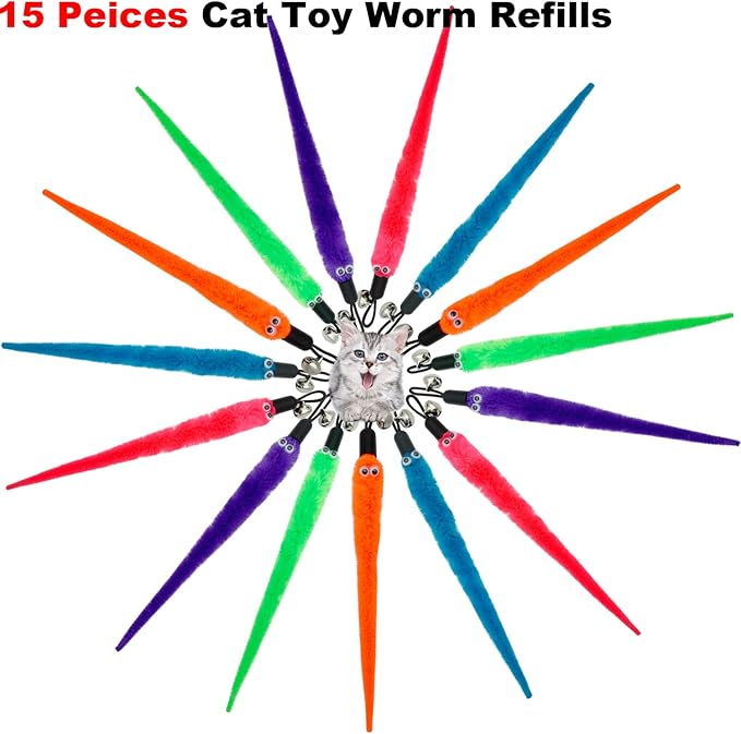 CATENESS Cat Worm Toy Refills, 15 Pieces Cat Wand Attachments Worms Toy for Indoor Cats