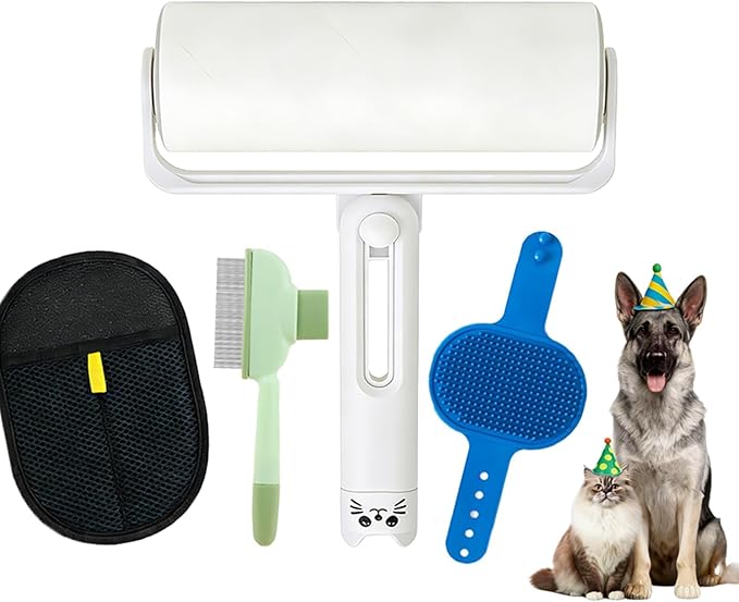 4-in-1 Pet Hair Removal Kit, Reusable Lint Roller, Anti-Slip Glove, Deshedding Comb, Portable Sticky Roller for Cats and Dogs( Blue)