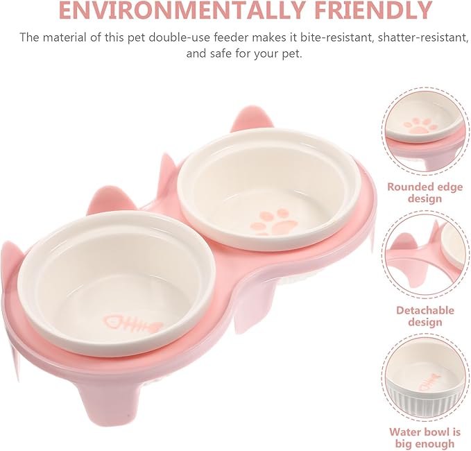 Totority Ceramic Elevated Cat Bowls Double Dish Set with Anti-Slip Pink Thickened Stand for Indoor Pet Feeding and Watering, Neck Protection Design for Cats