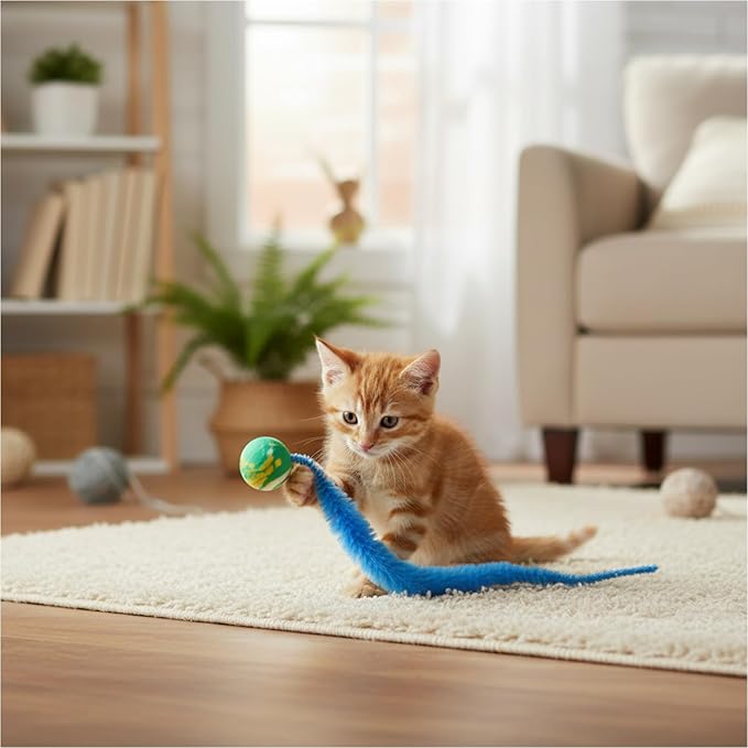 Skrfren 5 pcs Interactive Cat Worm Toys Balls, Bouncy Balls for Cats Colorful Bouncy Ball with Fuzzy Tails Rainbow Worm Cat Toy for Cats Pet Party Favors, Promotes Active Play