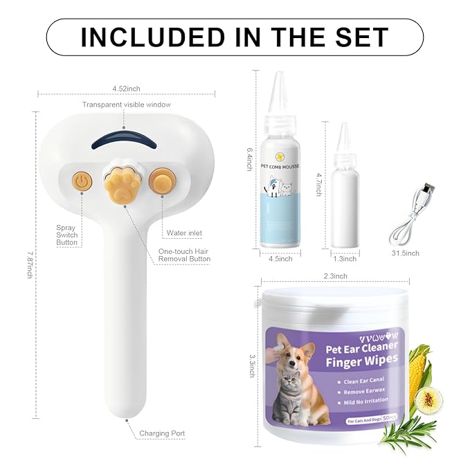 Pet Steam Brush for Dog & Cat – 3-in-1 Spray Hair Removal Comb for Shedding & Grooming, Softens Fur & Reduces Static – Water Brush for Long & Short Coats, Bath-Hating Pets, Includes Waterless Shampoo