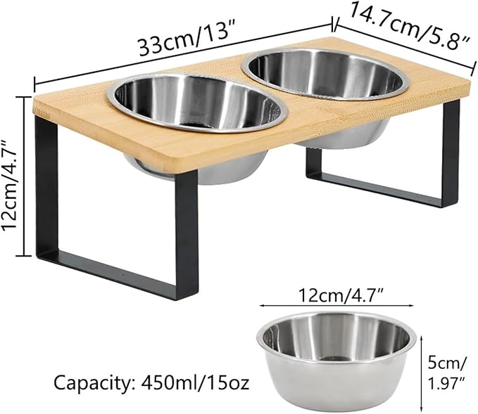 Elevated Cat Bowl Pet Feeder with Wooden Stand 2 Stainless Steel Bowls for Cats