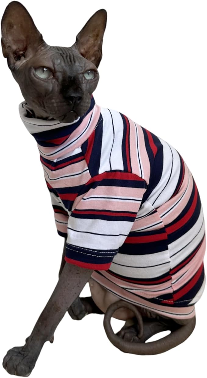 Vintage Stripes Sphynx Hairless Cats Shirt Cotton Cat Turtleneck Pet Clothes Kitten T-Shirts with Sleeves for Sphynx Cornish Rex, Devon Rex, Peterbald (Gentlemen, Small (Pack of 1))