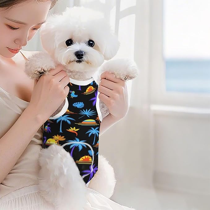 Recovery Suit for Dogs Cats After Surgery, Tropical Palm Tree Beach Sun Art Pet Recovery Shirt Dog Onesies Pet Surgery Recovery Suit