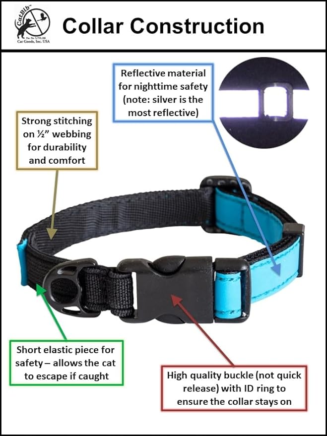 CatGoods Reflective Blue Stretch Cat Collar – Escape-Safe Alternative to Breakaway, Adjustable, Comfortable, ID and Bell Attachment