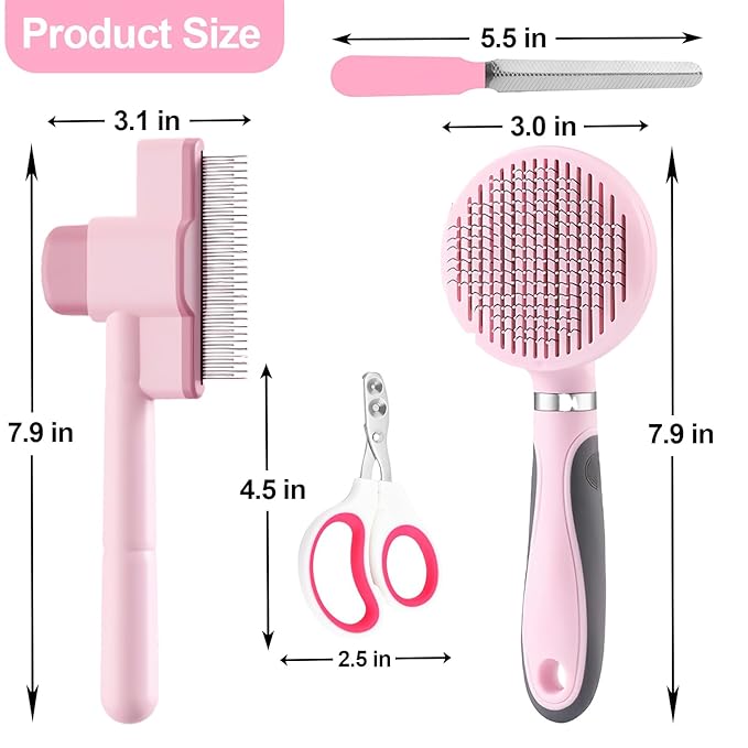Cat Grooming Kit, 4-in-1 Cat Grooming Tools with Cats Brush, Flea Comb, Nail Clipper & Trimmer - Deshedding & Dematting for Pets Hair and Paws, Pet Shedding Set for Indoor Dogs & Cats (Pink)