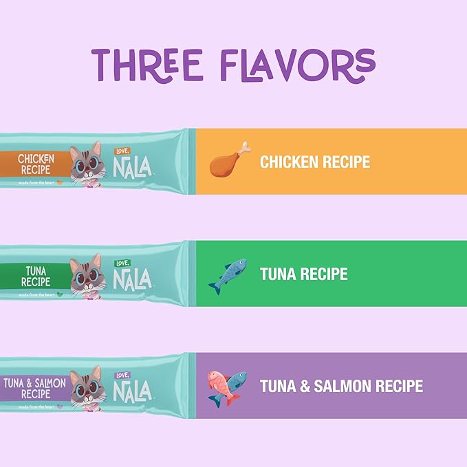 LOVE, NALA Lickable Cat Treats – Grain-Free Squeeze Up Mousse Puree for Cats – Natural, Tasty Wet Cat Treats – Tuna & Salmon Flavor – 24-Pack