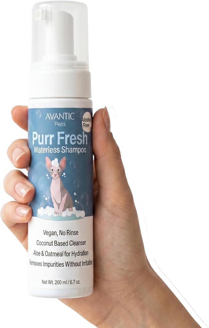 Avantic Pets Sphynx Cat Dry Shampoo, Waterless No-Rinse Skin Cleanser for Hairless Cats, Alcohol & Paraben Free, Hydrates & Soothes, 200ml