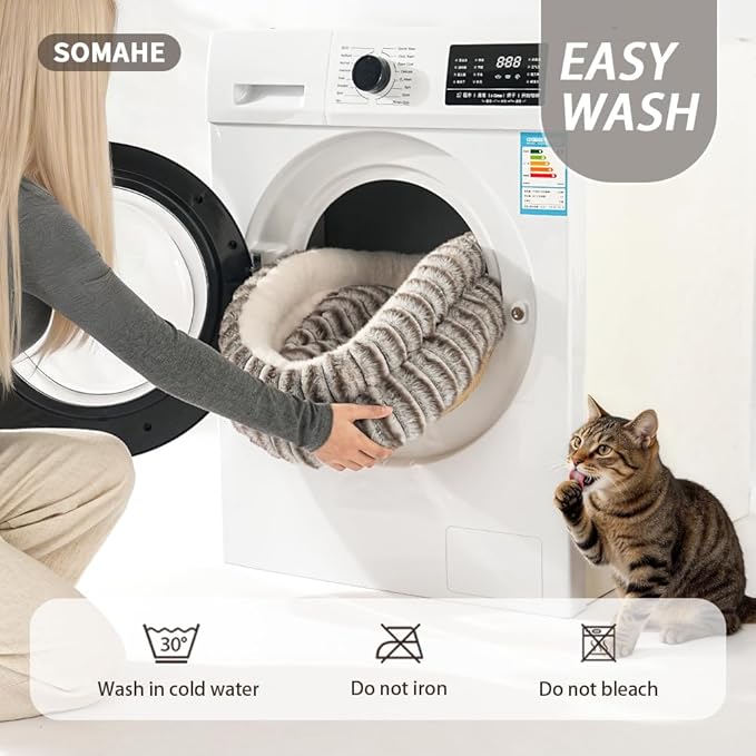 SOMAHE Cat Bed, Round Plush Faux Fur Donut Cuddler – Machine Washable Calming Cat Bed for Indoor Cats & Kittens, Removable Cushion Non-Slip Fluffy Kitten Bed, Cozy Small Cat Nest, 20" Inch Coffee