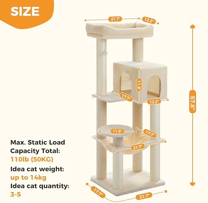 MUTTROS Large Cat Tree with Reinforced Scratching Posts (φ3.7in) for Big Adult Cats 30 lbs, 57.8" Heavy Duty Cat Tower with Larger Hammock and Condo, Cat Furniture for Maine Coon, Plush,Beige