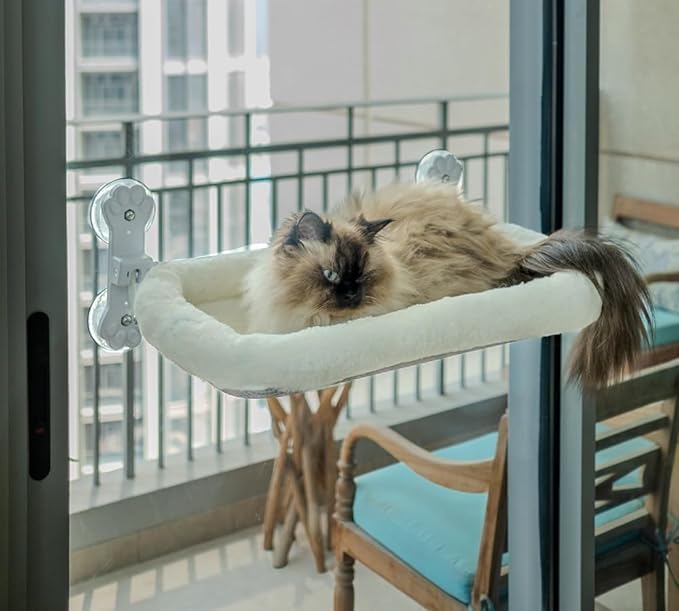 Cordless Cat Window Perch with 4 Suction Cups, Sturdy & Soft Cat Window Hammock, One-Tap Fold Up Cat Window Seat, Great for Indoor Cats, Soft Reversible Cushion, Can Hold Weight Upto 40lbs