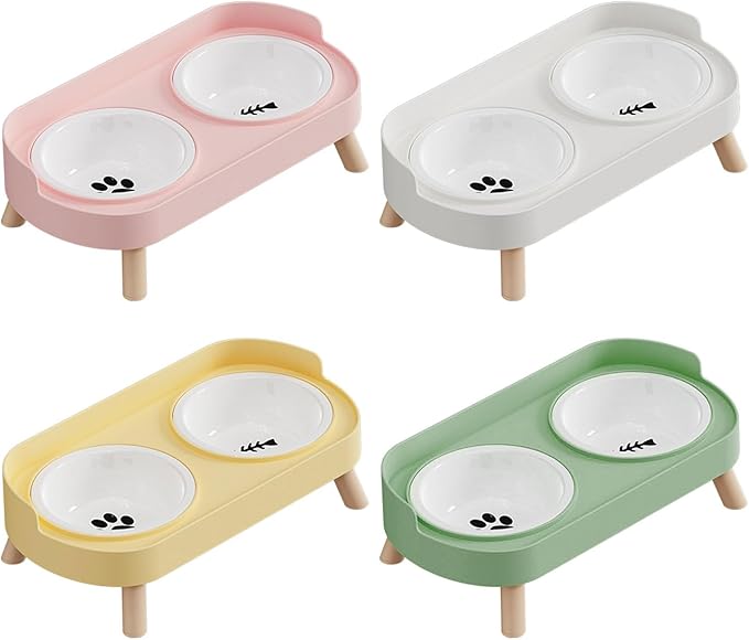 Elevated Double Bowl Ceramic Pet Food Bowls Nonslip Base Feeding Watering Dishes for Dog Cats Scratch Design Pet Food and Water Bowl