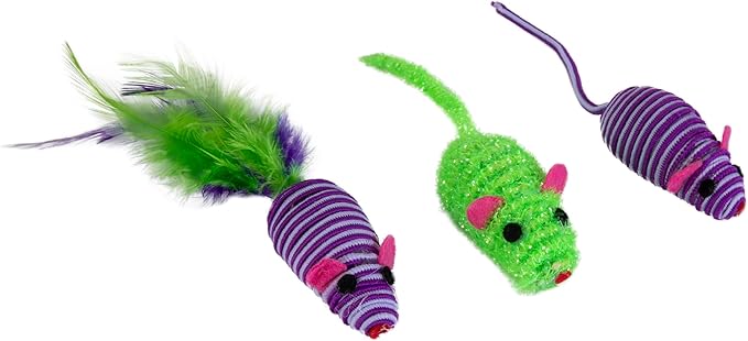 Pet Zone Three Twined Mice Cat Toy, Feathered, Multicolored Mice, Pack of 3