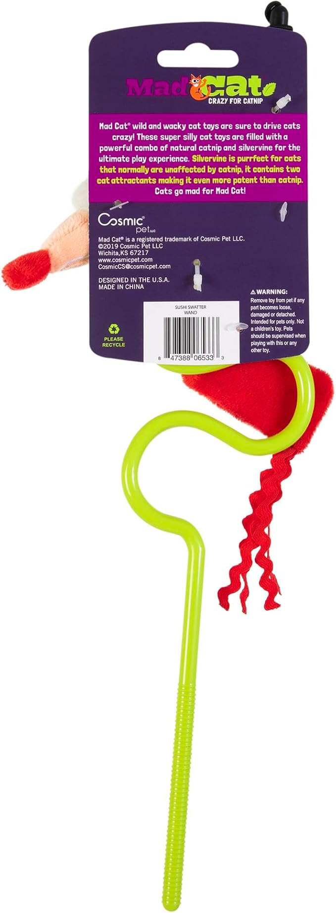 Mad Cat Sushi Swatter Wand with Catnip & Silvervine Cat Toy, Pack of 1