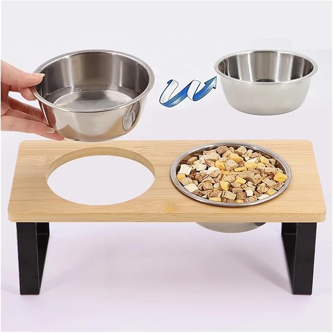 Cat Bowl Elevated Feeder Cats Food Water Dish Wooden Stand