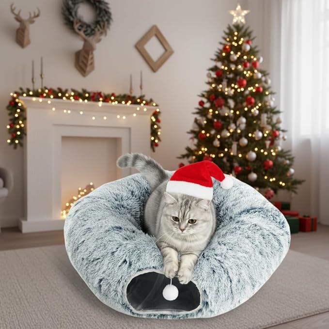 AUOON Cat Tunnel Bed for Indoor Cats - Large Cat Donut Tunnel with Hanging Ball Toy, Collapsible 2-in-1 Multifunctional Interactive Cat Toy for Kitten, Puppy, Rabbit, Ferret (Gray)