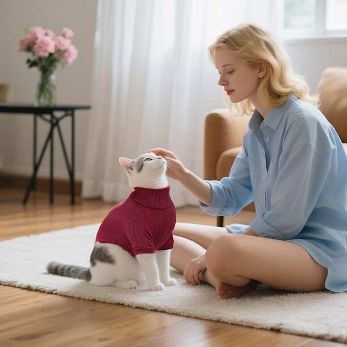 Idepet Sphynx Hairless Cats Sweater Shirt Kitten Soft Puppy Clothes Pullover Cute Cat Pajamas Jumpsuit Cotton Apparel Pet Winter Turtleneck for Cats and Teacup Chihuahua Small Dogs(Red,XXL)