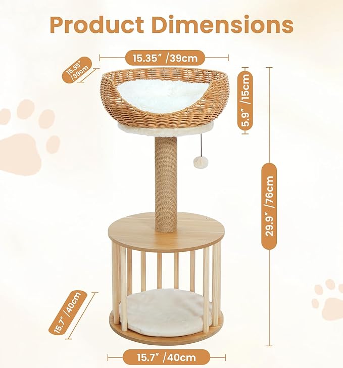 Made4Pets 30in PE Rattan Cat Tree Tower with Scratching Post, Birdcage-Style Wooden Condo with Reversible Cushion & Thickened Base, Handwoven Wicker Basket Bed and Plush Cushion Top Perch