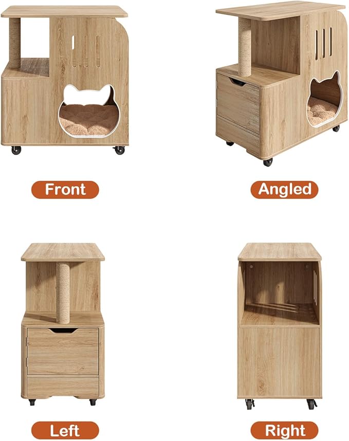 FIMELLO 25.6" Wx15.7 D x 28.5" H Cat Feeding Station, All-in-One Cat Food Table Cart with Moving Wheels, Scratcher End Table, Two Feeding Bowls