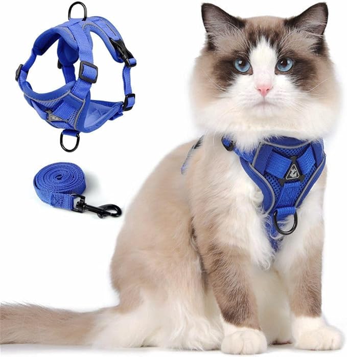 Skmeditec Cat Harness and Leash Set: Upgraded Escape Proof Vest with Lead for Large Cat Small Dog Puppy Walking, Soft Jacket with Reflective Strips L2 Size Blue