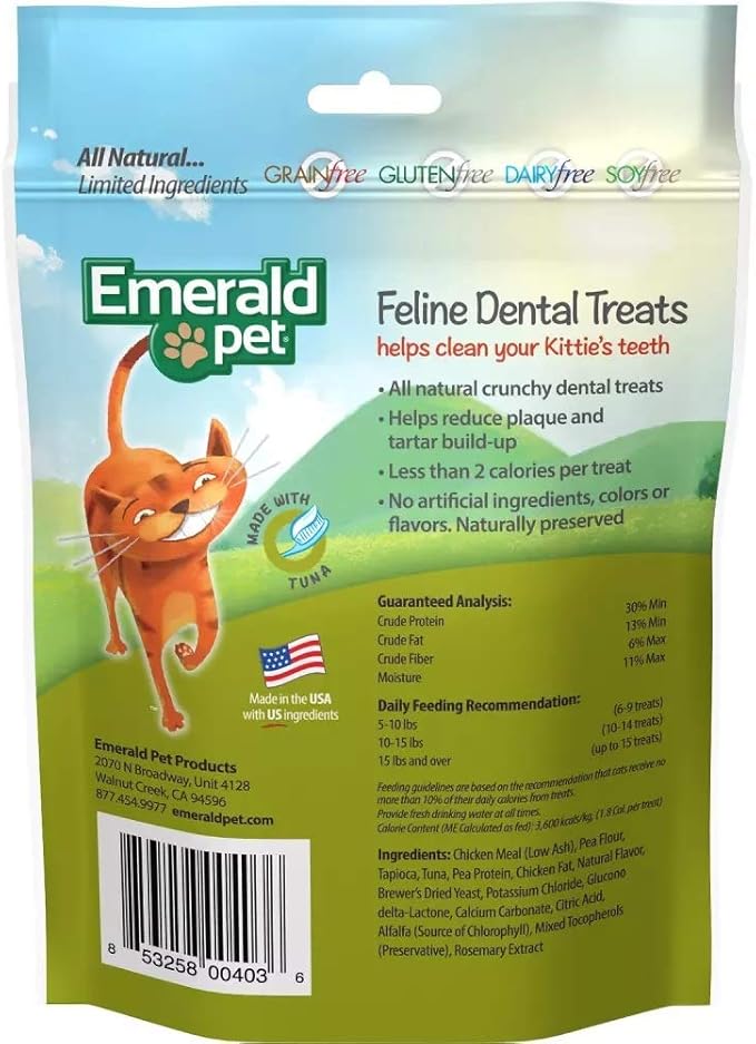 Emerald Pet 2 Pack of Feline Dental Treats for Cats, 3 Ounces Each, with Real Tuna, Made in The USA