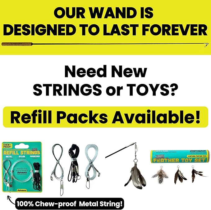 Forever Stick and 9 Cat Feather Toy Refills - The Unbreakable Cat Wand Toy, Durable Cat Toy Wand, Extra Long Cat String Toy, Cat Fishing Pole Toy for Bored Indoor Adult Cats, Cat Stick Toy