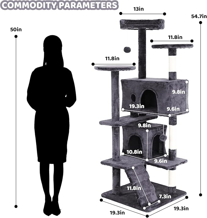 Large 54-Inch Cat Tree with Tower Condo - Cat Tower with Wrapped Sisal Scratching Post, Multiple Platforms, Hanging Baskets & Dangling Toy - Plush Cat Furniture for Indoor Cats - Light Gray
