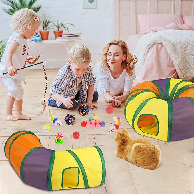 Retro Shaw Cat Toys Pack 33Pcs, Interactive Kitten Toys for Indoor Kittens Cats, Collapsible Kitty Play Tunnel Tent Feather Wand Balls Bell Springs Mouse Kitty Toys for All Breeds (2 Tunnel)