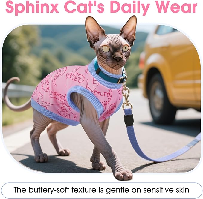 DENTRUN Sleeveless Cat Vest with Dinosaur Print, Breathable Ultra-Soft Dralon Fleece Cat Sweater, All-Season Pet Costume Apparel for Cats, Kitten Clothing for Indoor/Outdoor, Pink, S