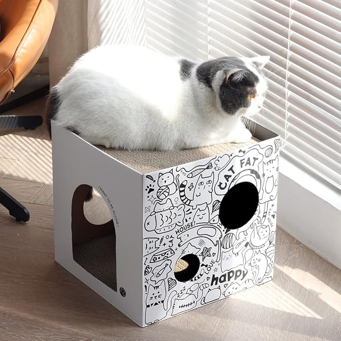 Cardboard Cat House with 2 Story Scratch Pads - Cat Play House for Indoor Cats - Corrugated Scratcher Box - Hideout for Small Animals