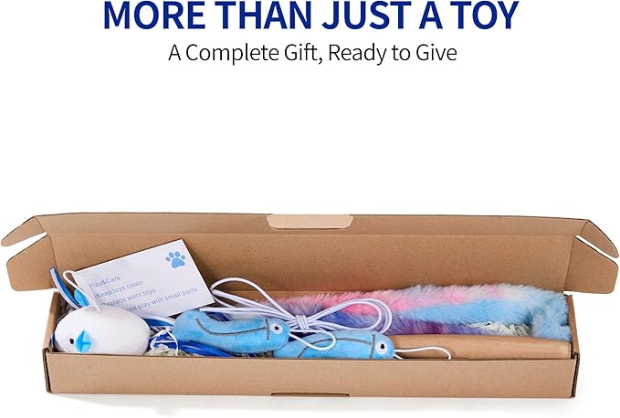 Cat Teaser Wand Toy - Interactive Play Set for Kittens & Cats with Magic Foldable Fabric StripMagic Foldable Fabric Strip, XL Mouse, 2 Large Fish & Telescoping Carbon Fiber Rod for Indoor Exercise